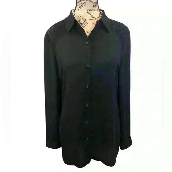 Chicos Size 0 Small Black Button Up Sheer Blouse Lace Back L/S - Picture 1 of 5
